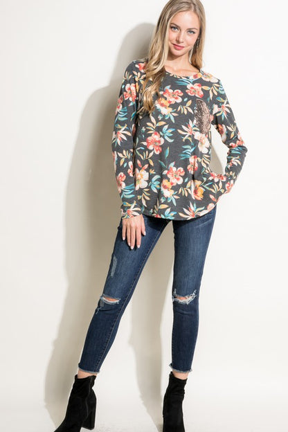 Plus Floral Sequin Pocket Long Sleeve Top