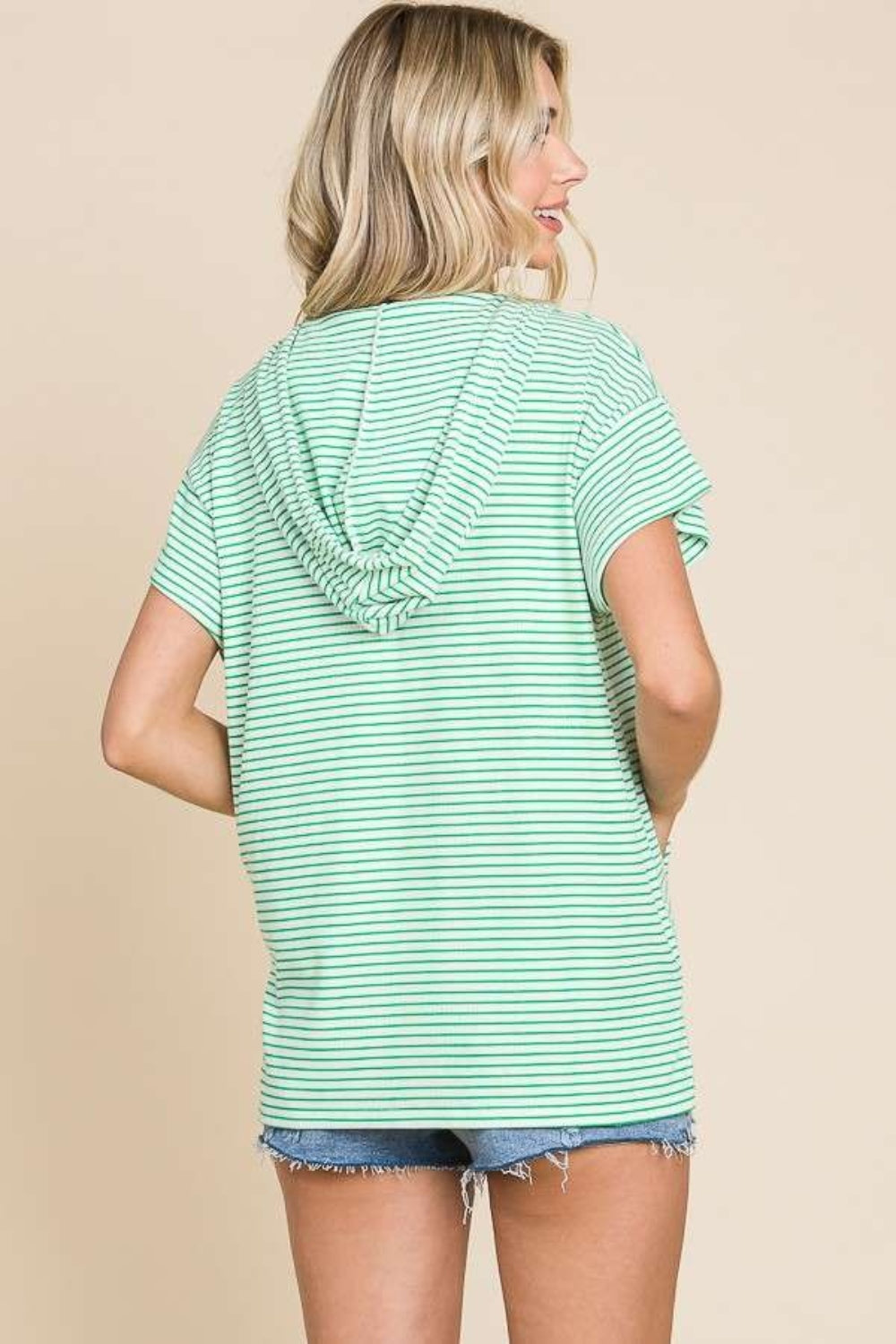Candy Green Striped Short Sleeve Hooded Top