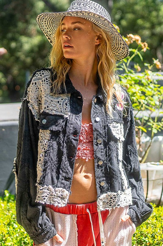 Black Floral Embroidered Crochet Trim Jacket