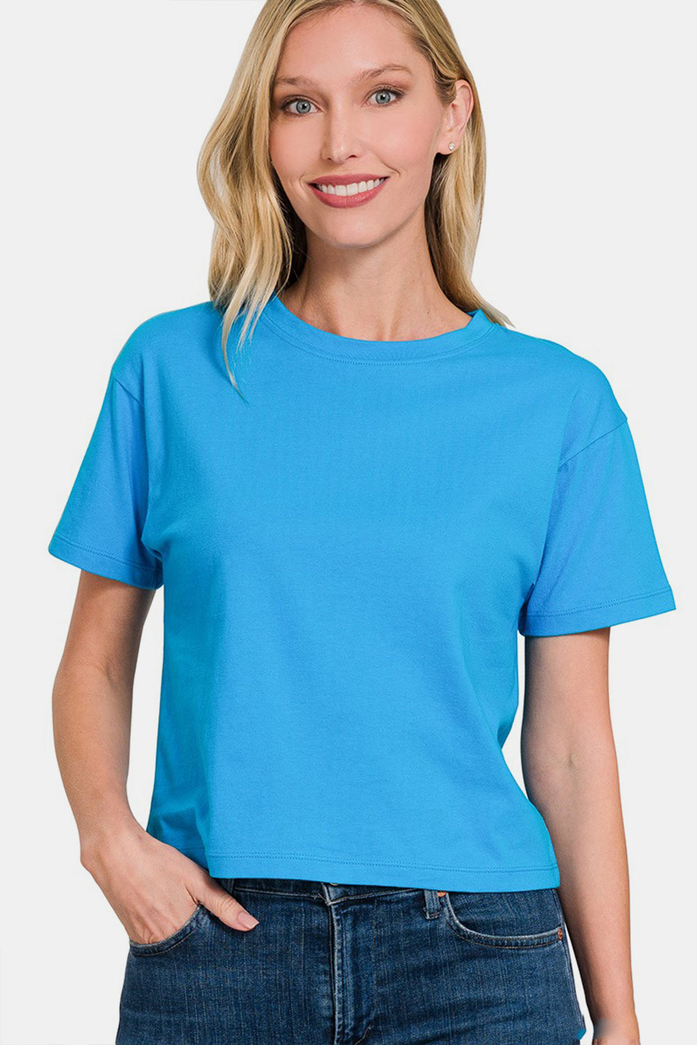 Cotton Crew Neck Short Sleeve Cropped T-Shirt