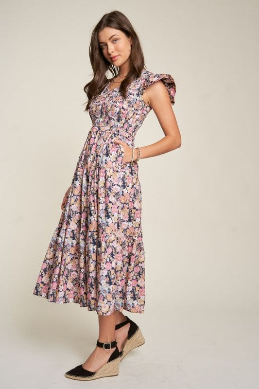 Vintage Garden Floral Flutter Sleeve Smocked Midi Dress