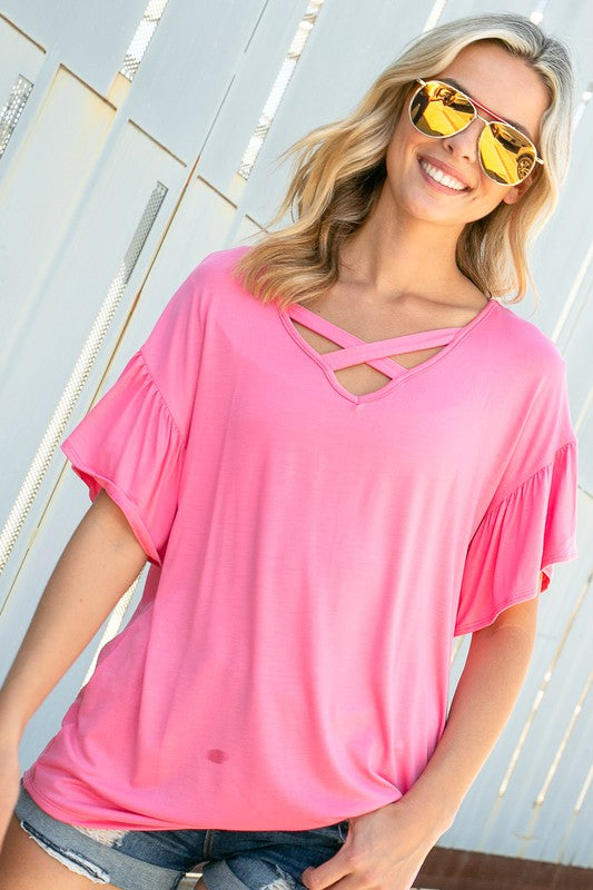 Solid Lace Up V-Neck Ruffle Sleeve Top