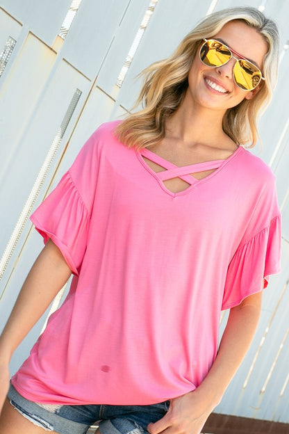 Solid Lace Up V-Neck Ruffle Sleeve Top