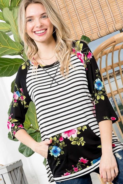 Plus Floral Stripe Kangaroo Pocket Tunic Top