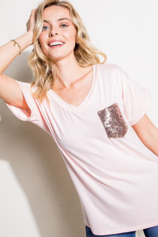 Plus Solid Sequin Pocket Boxy Tee