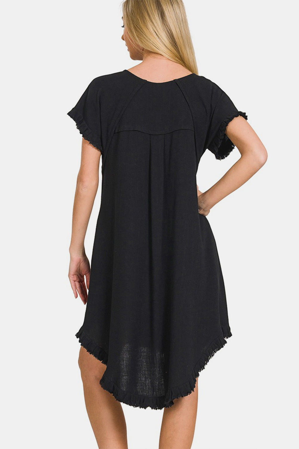 Linen Blend Fringe Edge High Low Flowy Dress