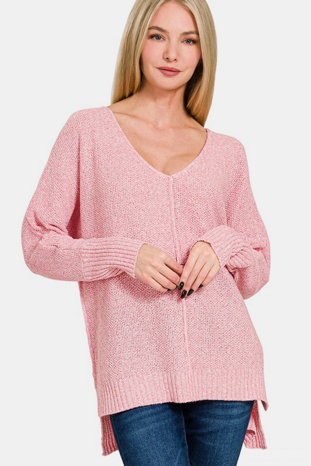 V-Neck Center Seam Hi-Low Sweater