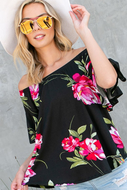 Plus Floral Off Shoulder Ruffle Sleeve Top