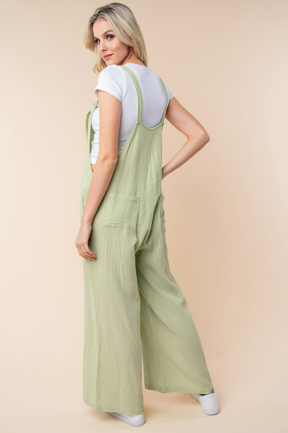 Texture Button Wide Leg Overall Jumpsuit