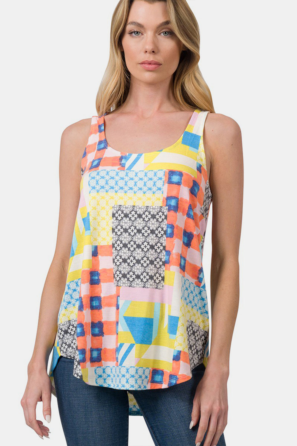 Print Sleeveless Round Neck & Round Hem Top