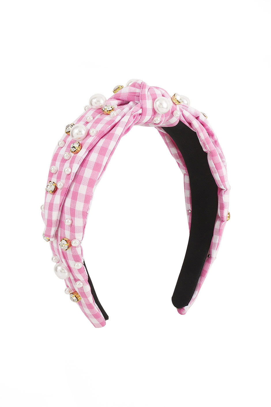 Pink Gingham Pearl & Jewels Top Knot Headband