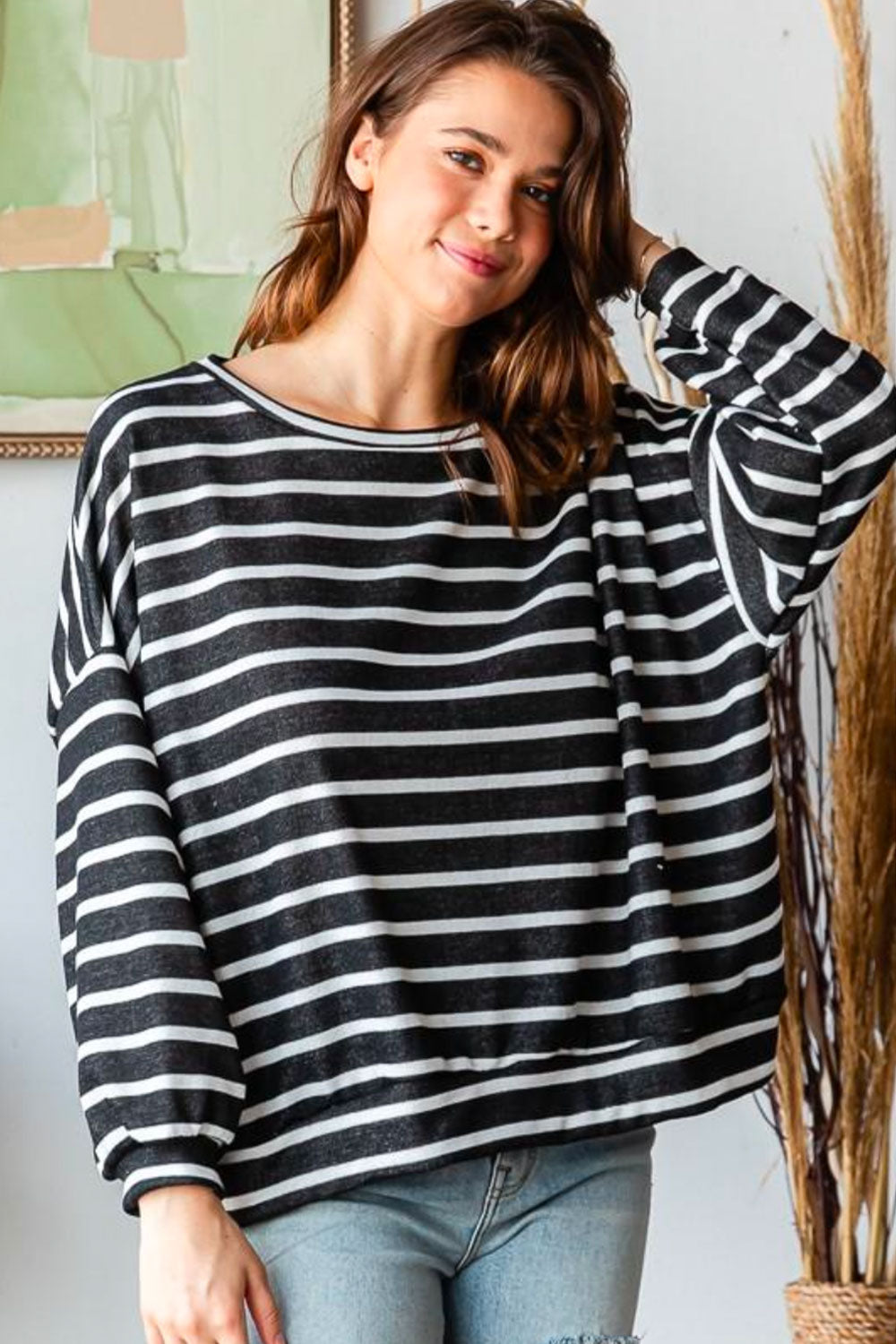 Charcoal Stripe Terry Dolman Pullover