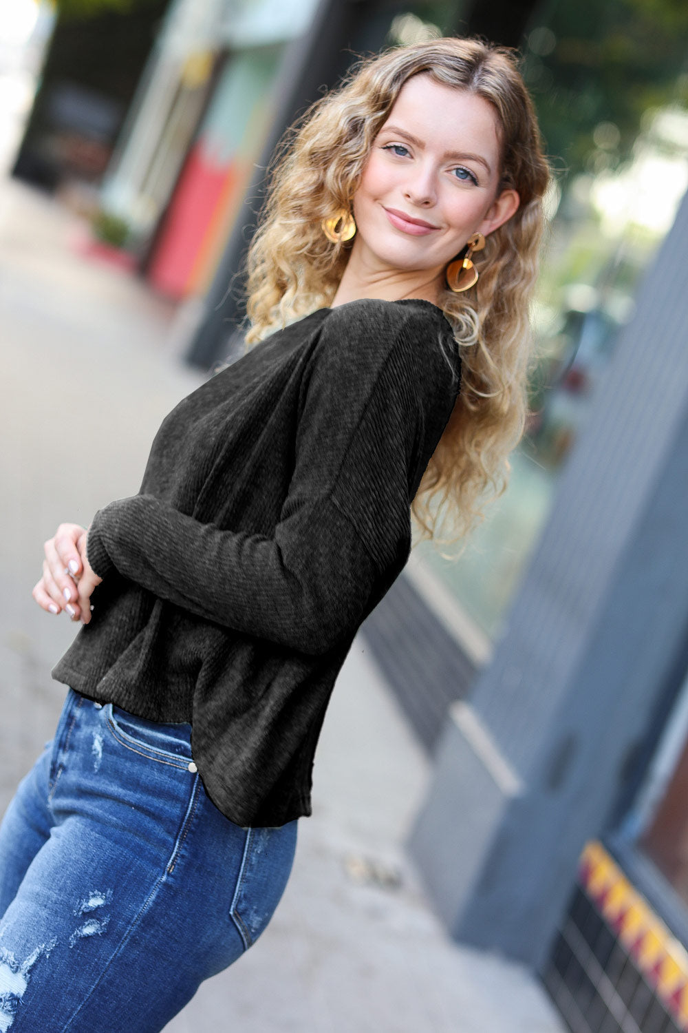 Black Ribbed Dolman Cropped Sweater