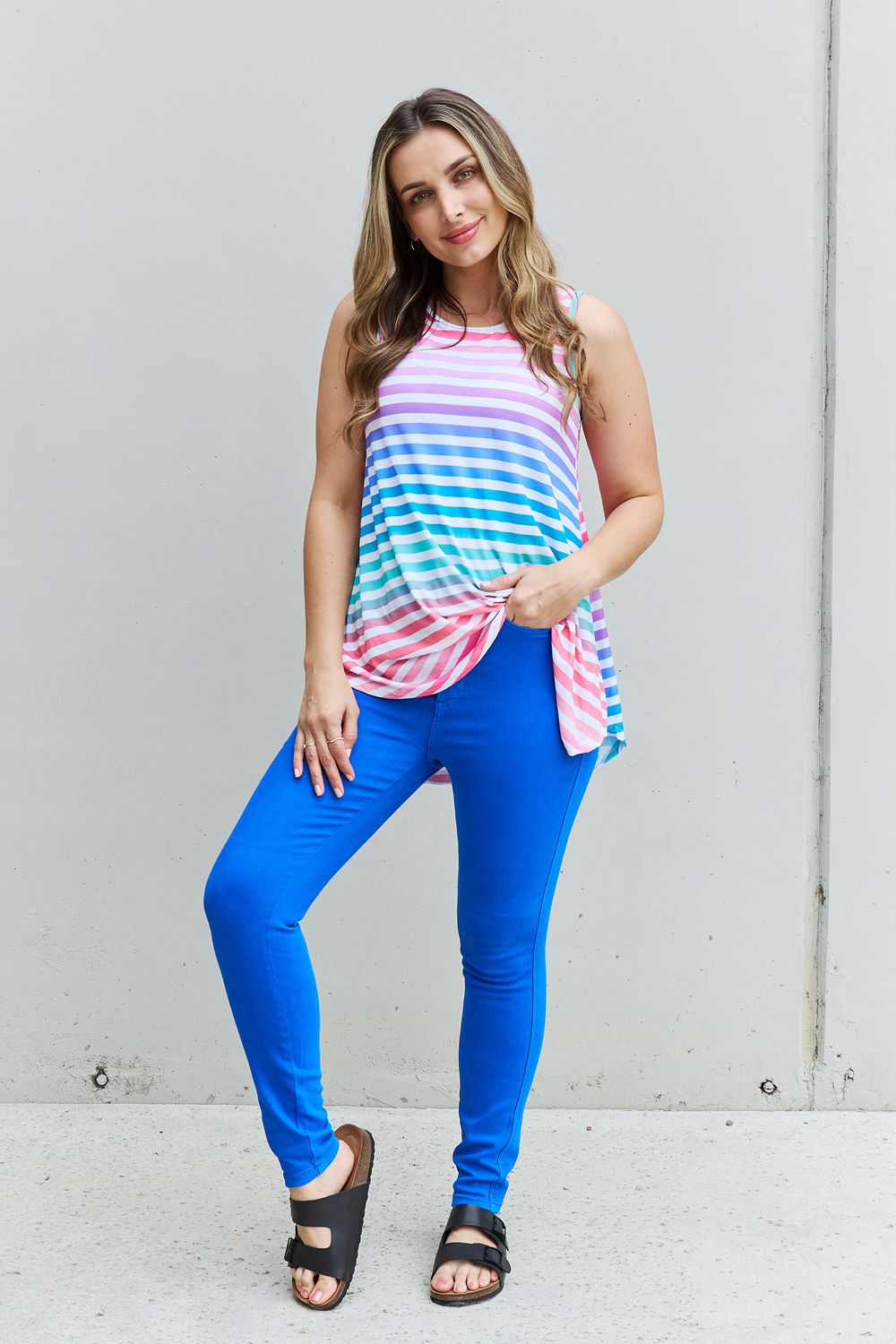 Multicolored Striped Sleeveless Round Neck Top