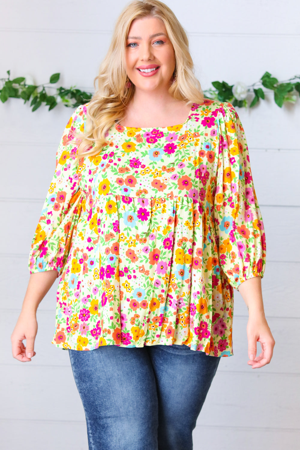 Yellow Floral Square Neck Babydoll Blouse Top