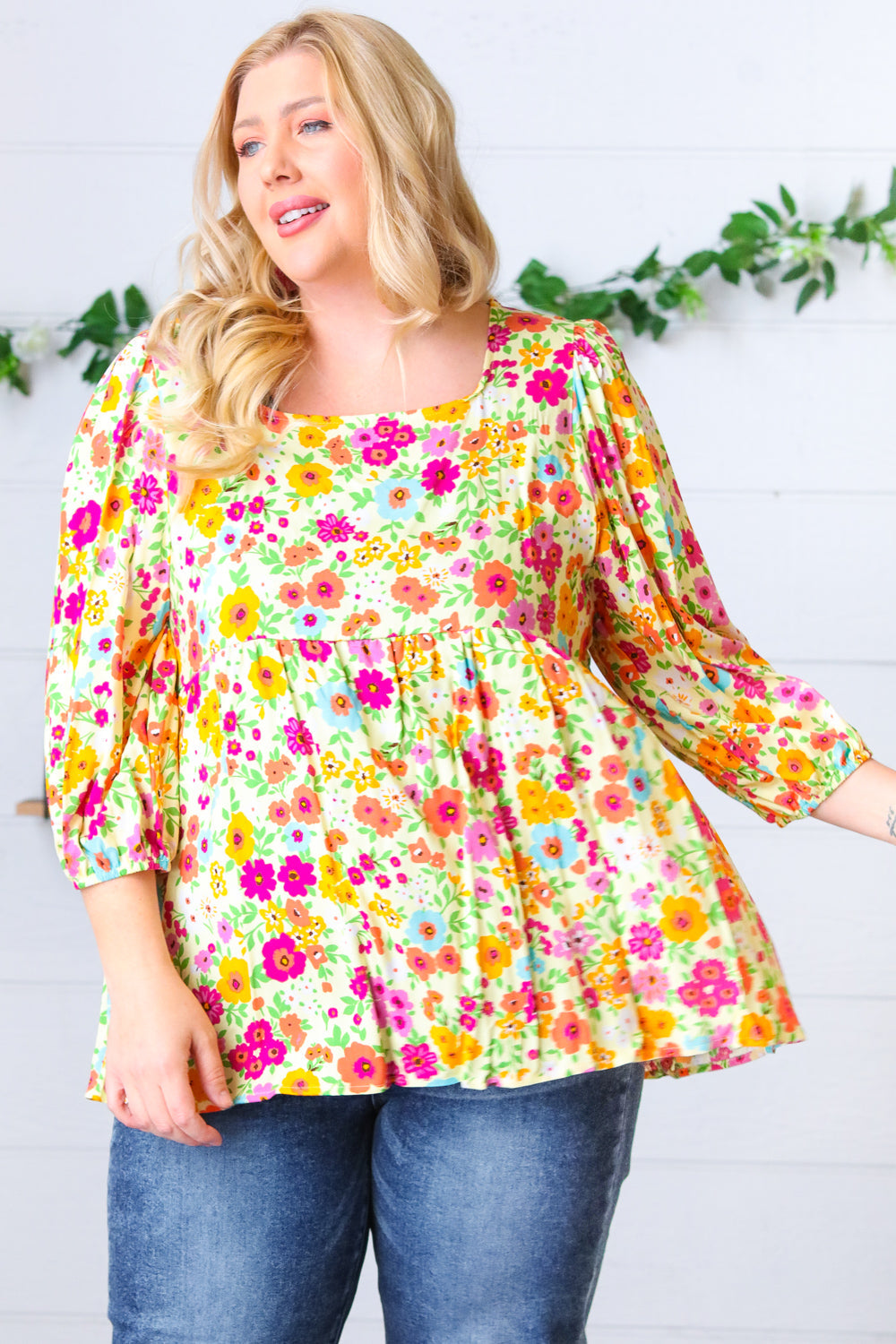Yellow Floral Square Neck Babydoll Blouse Top