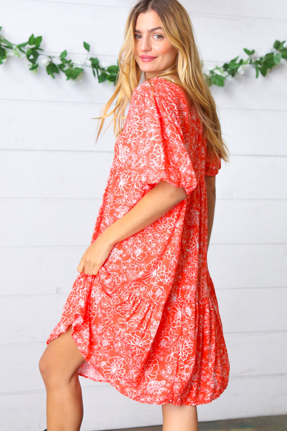 Coral Floral Flutter Sleeve Button Tiered Dress