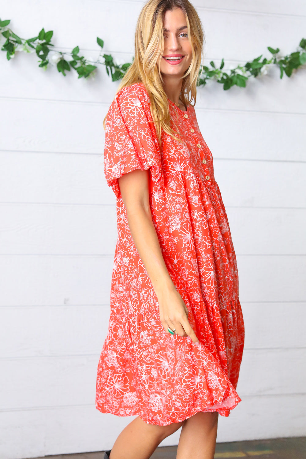 Coral Floral Flutter Sleeve Button Tiered Dress