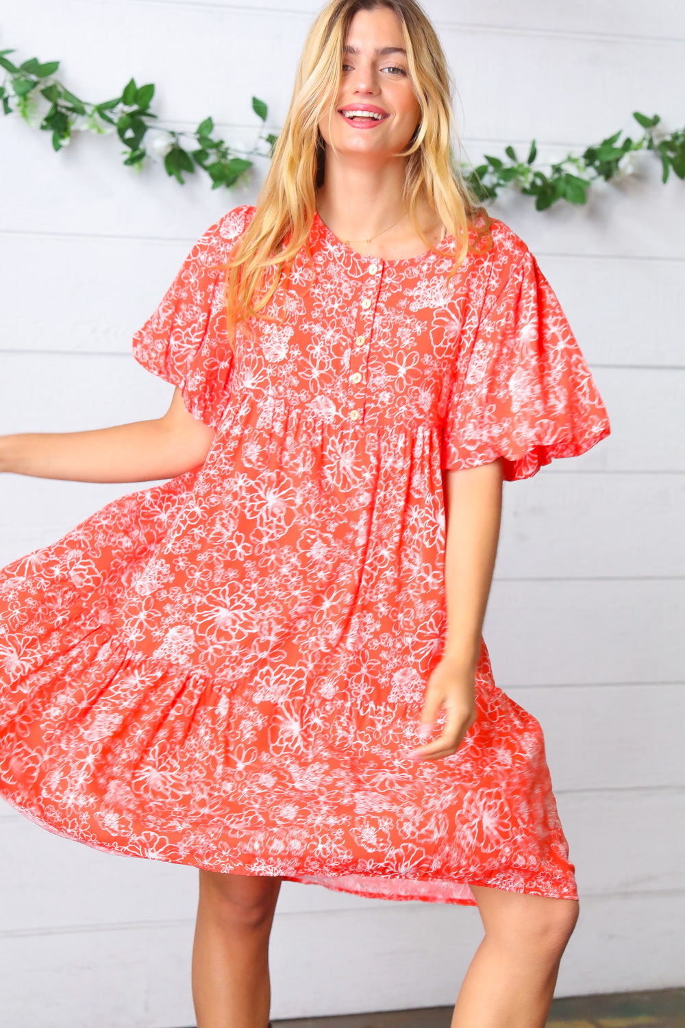 Coral Floral Flutter Sleeve Button Tiered Dress