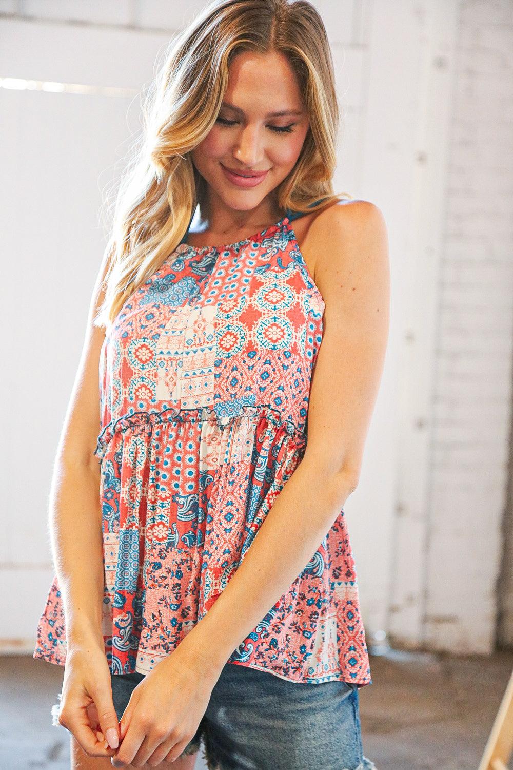 Coral Red Blue Boho Halter Babydoll Tank Top - Lavender Latte Boutique