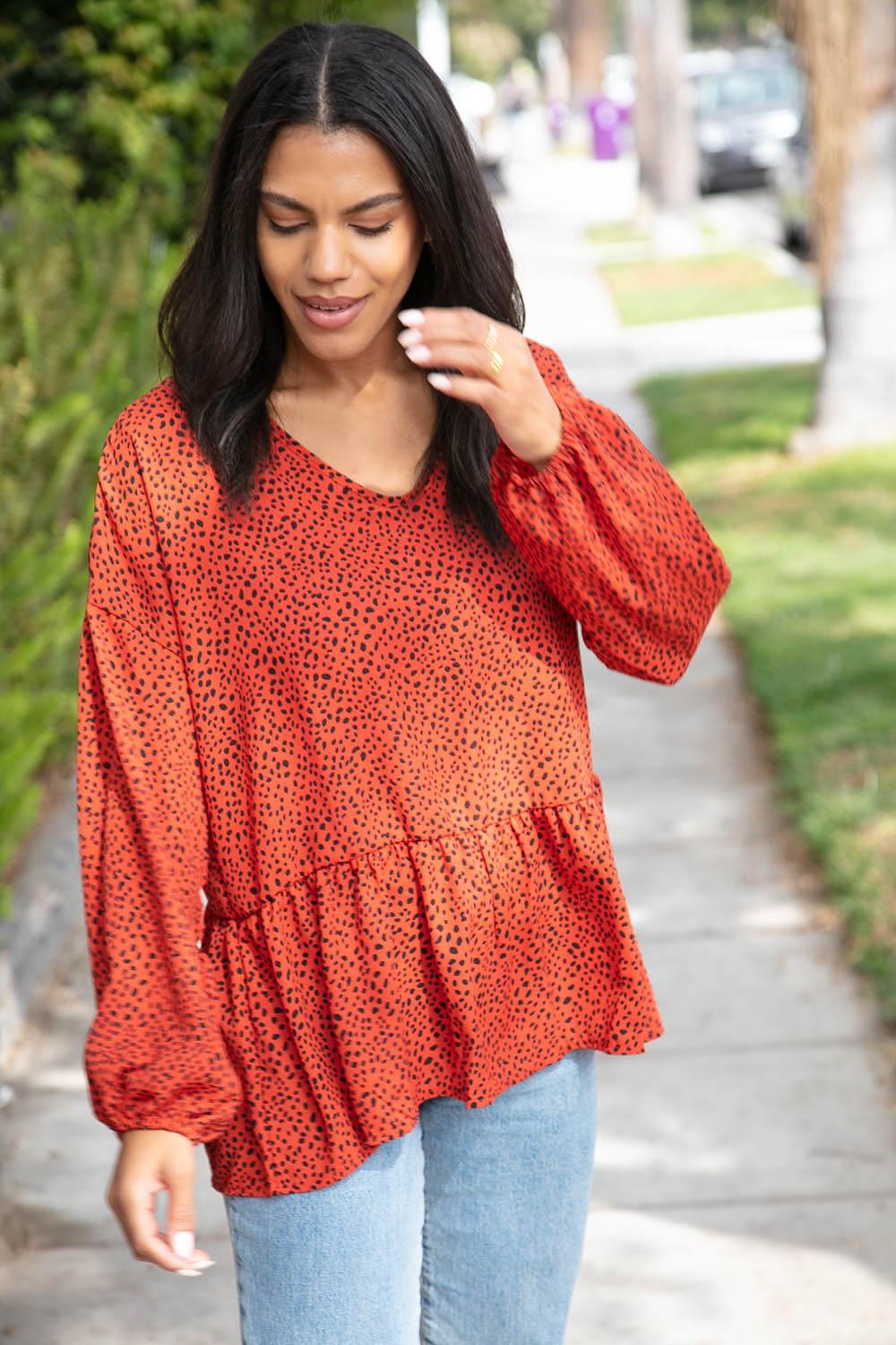 Rust Leopard Woven Relaxed Ruffle Top - Lavender Latte Boutique