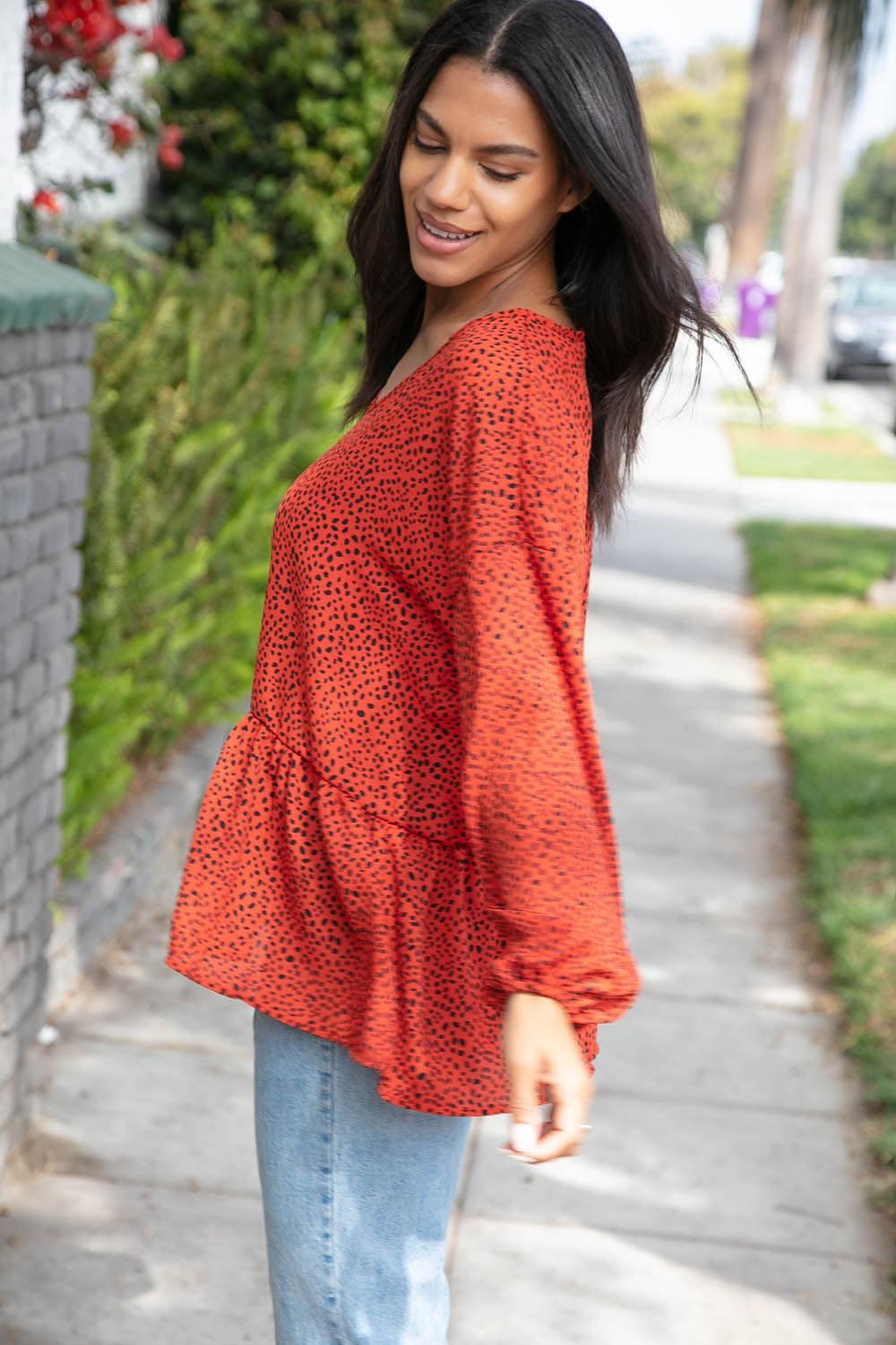 Rust Leopard Woven Relaxed Ruffle Top - Lavender Latte Boutique