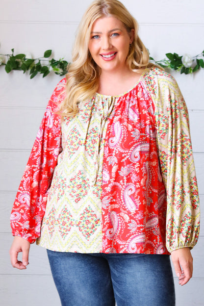 Red Yellow Boho Paisley Bubble Sleeve Front Tie Top