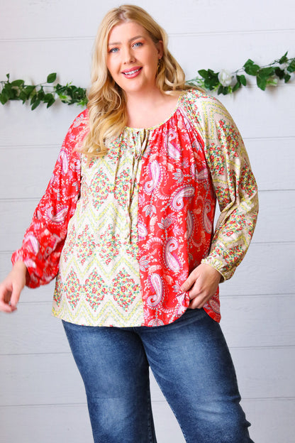 Red Yellow Boho Paisley Bubble Sleeve Front Tie Top