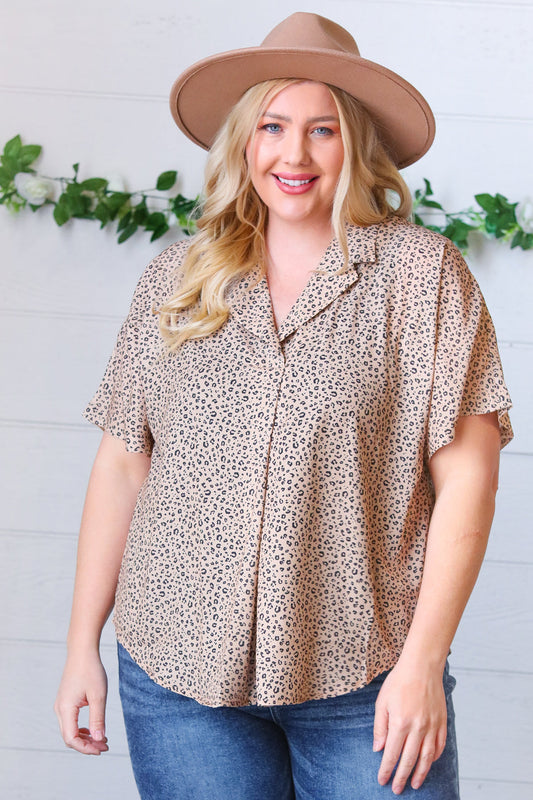 Cheetah Collared V Neck Dolman Blouse Top