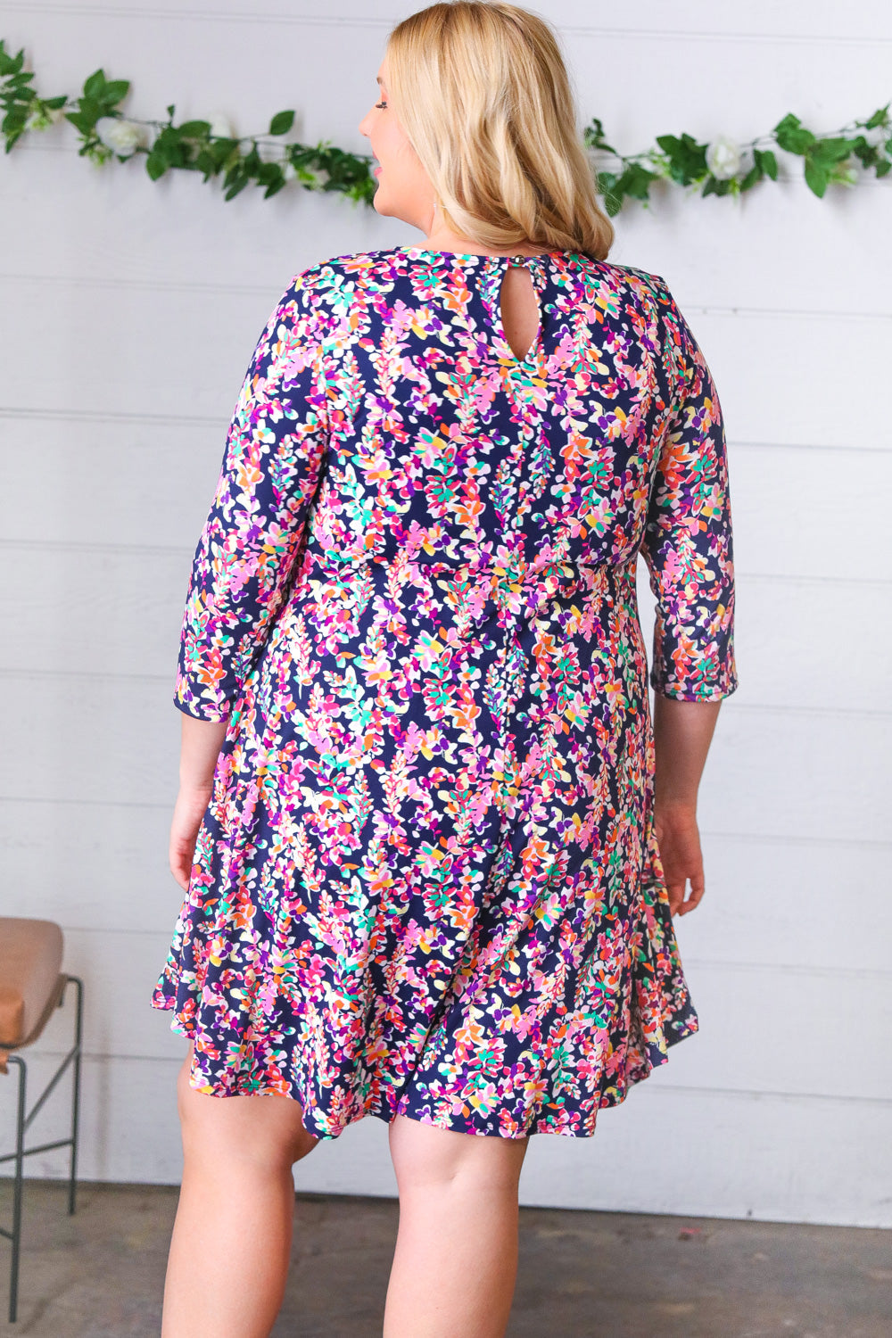 Navy Floral 3/4 Sleeve Flare Dress