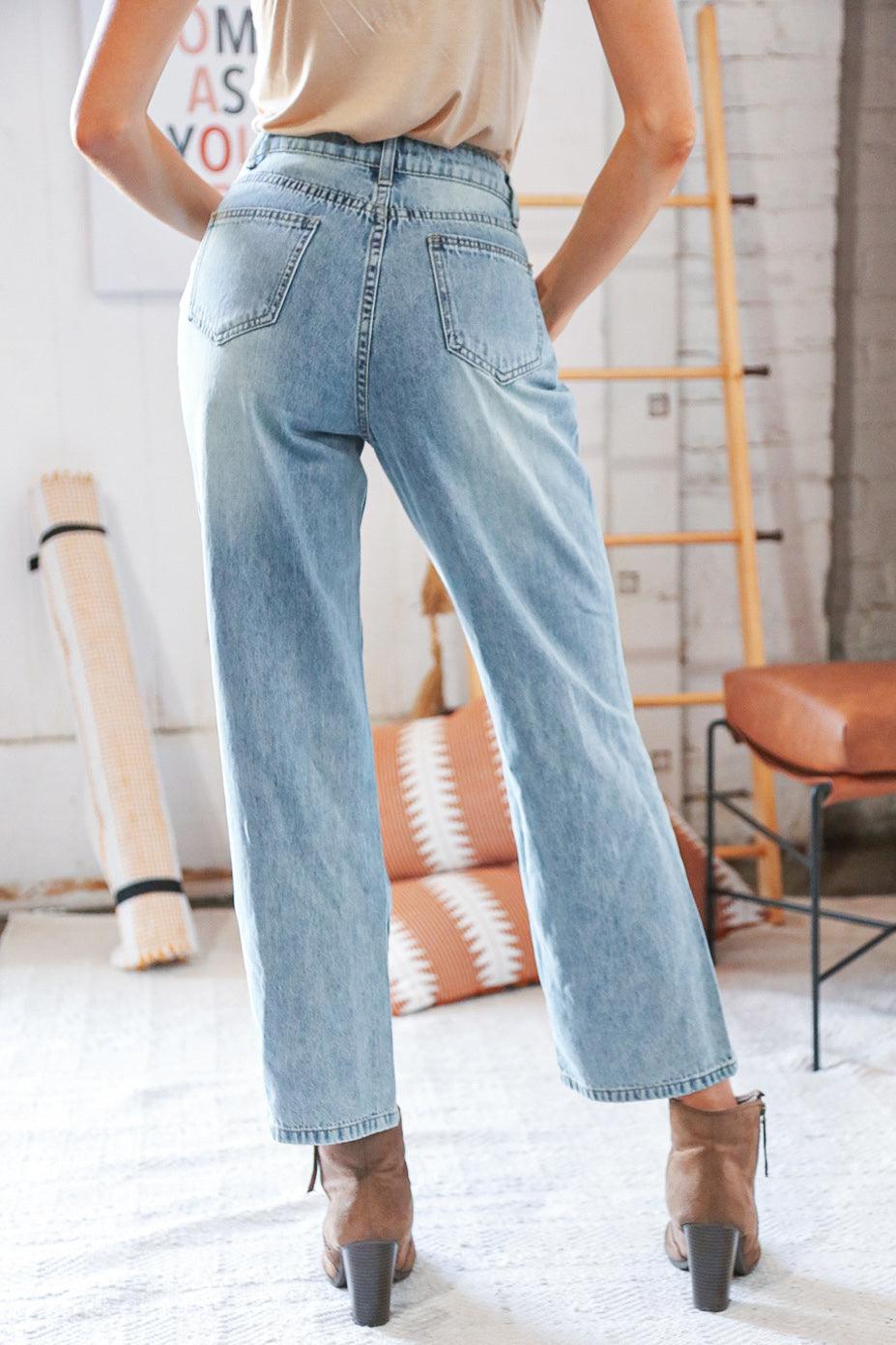 Washed High Waist Ripped Patchwork Straight Leg Jeans - Lavender Latte Boutique