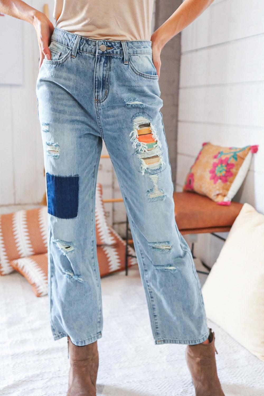 Washed High Waist Ripped Patchwork Straight Leg Jeans - Lavender Latte Boutique