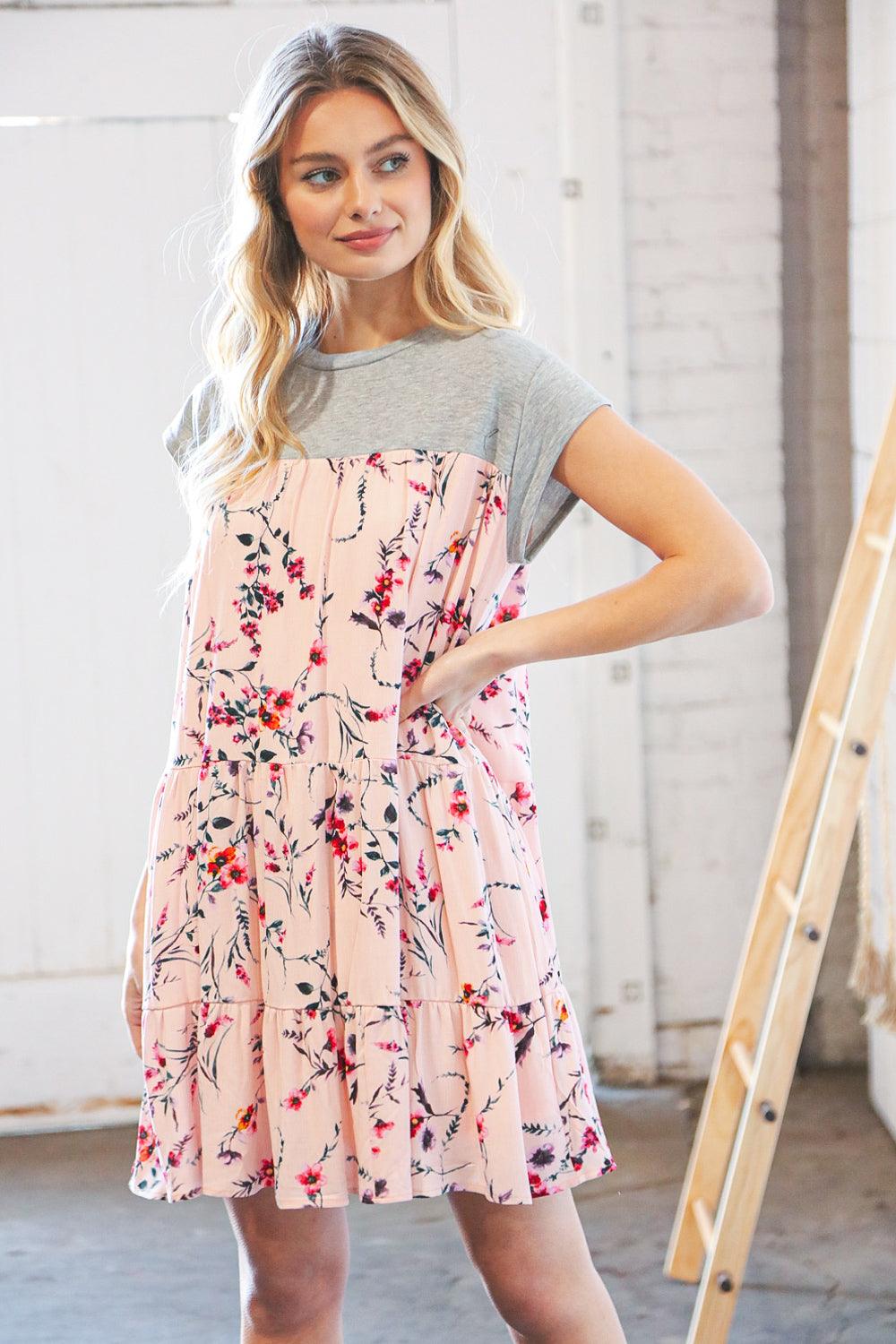 Blush Floral Heather Grey Tiered Ruffle Hem Dress - Lavender Latte Boutique