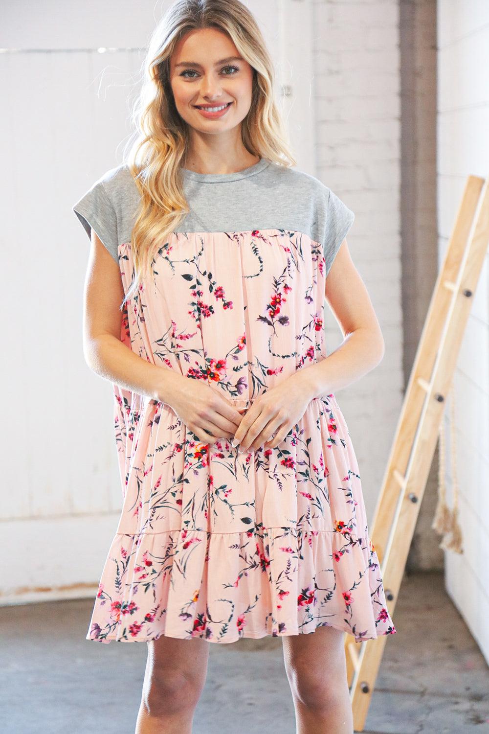 Blush Floral Heather Grey Tiered Ruffle Hem Dress - Lavender Latte Boutique