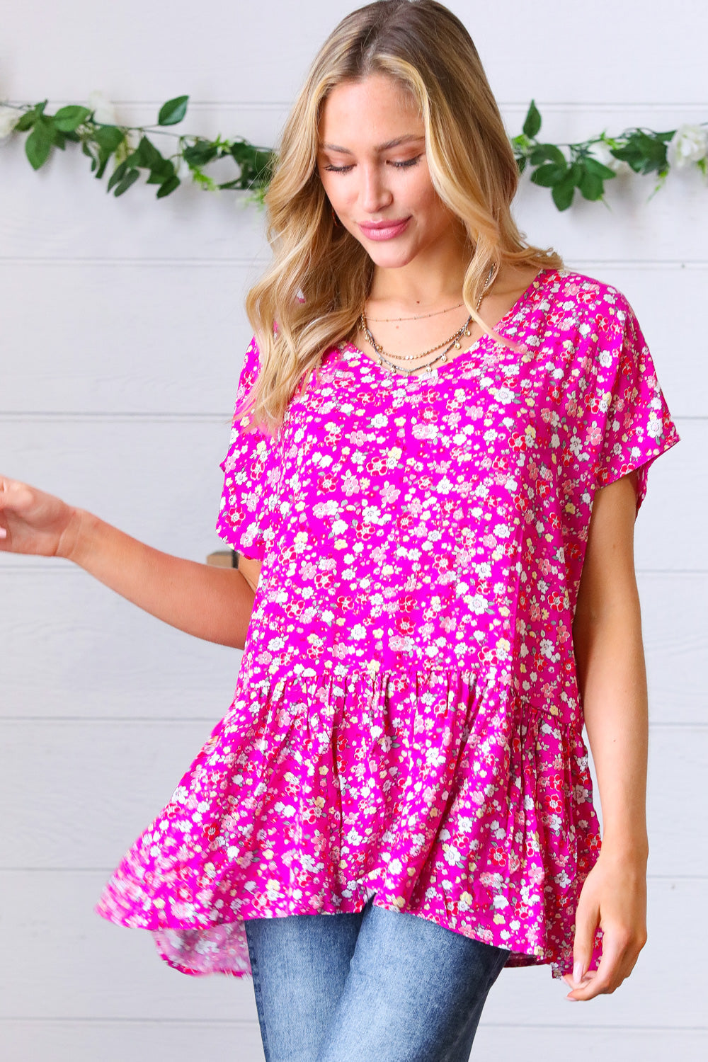 Fuchsia Floral Relaxed Ruffle Blouse Top