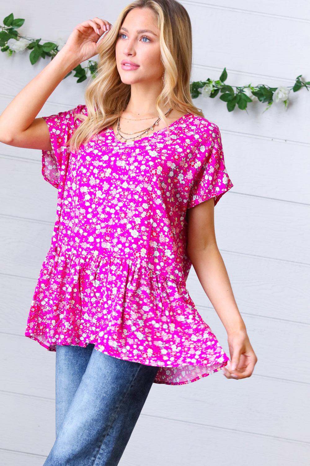 Fuchsia Floral Relaxed Ruffle Blouse Top