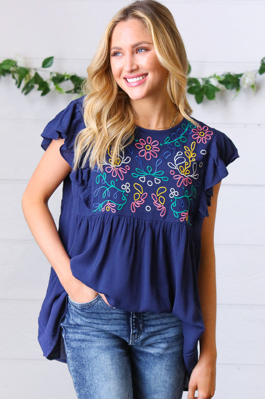 Navy Floral Embroidered Flutter Sleeve Babydoll Blouse Top