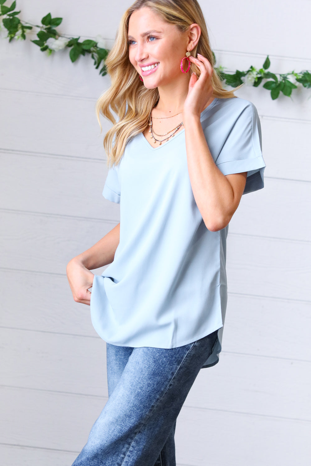 Ash Blue Woven Heavy Dobby Rolled Sleeve V-Neck Top