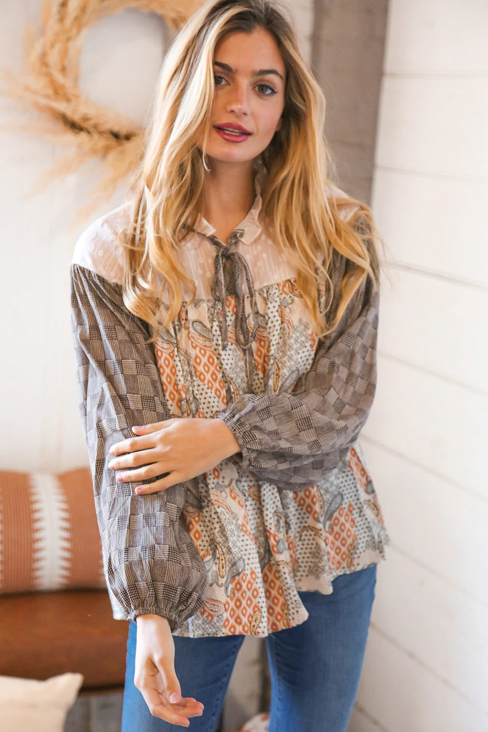 Taupe Paisley Houndstooth Front Tie Blouse Top - Lavender Latte Boutique