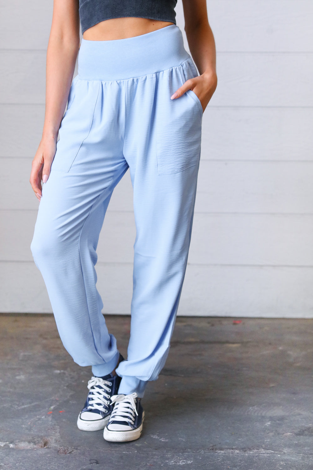 Spring Blue Woven Airflow Wide Waistband Jogger Pants