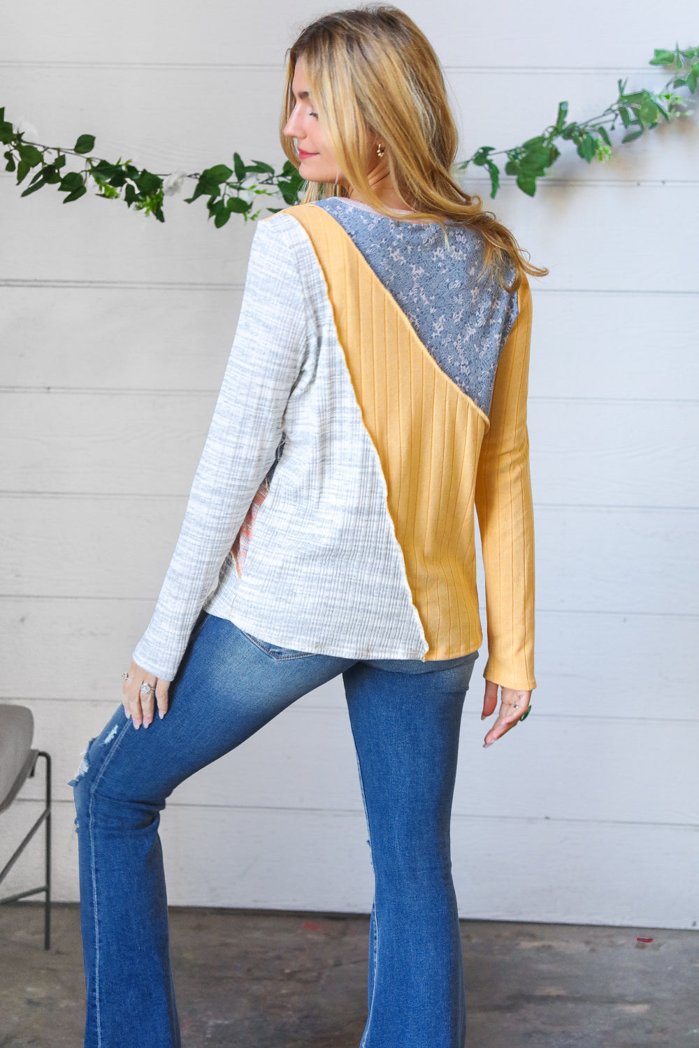 Yellow Grey Textured Knit Color Block Top