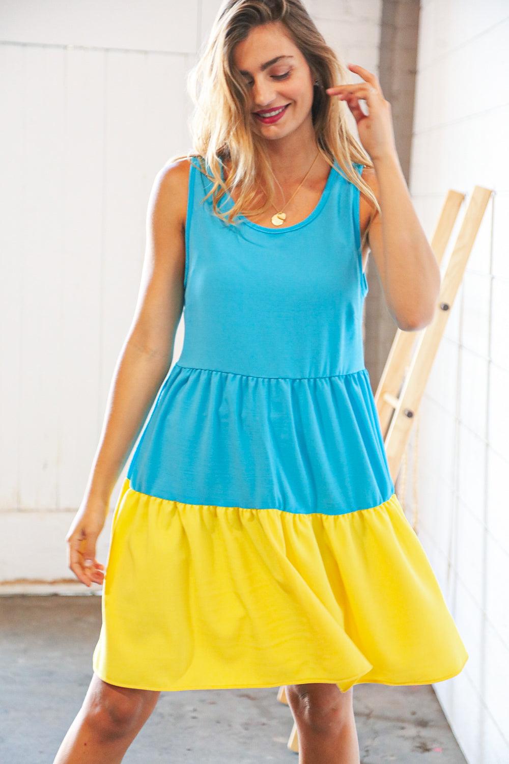 Scuba Blue Yellow Color Block Tiered Tank Dress - Lavender Latte Boutique