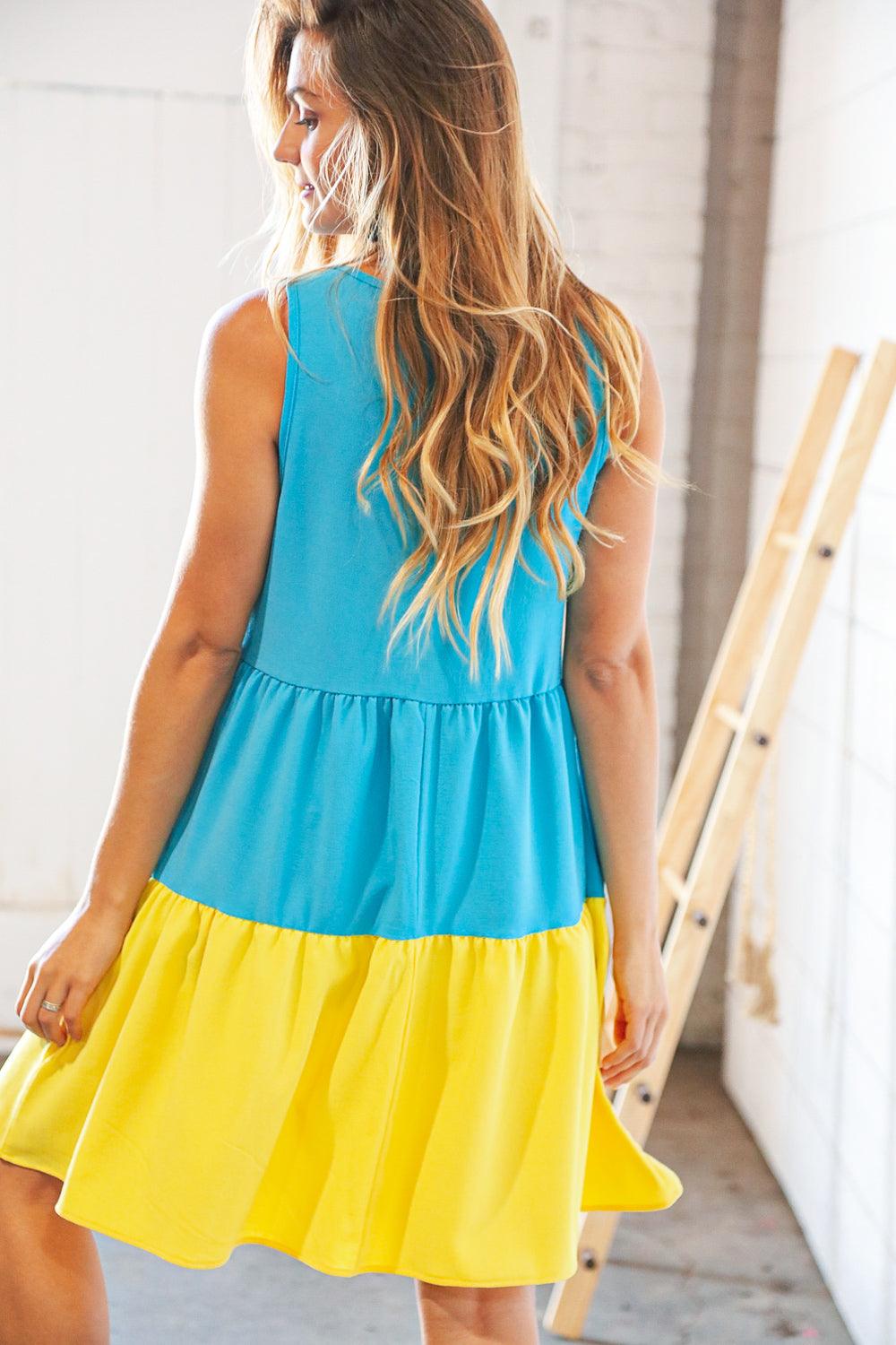Scuba Blue Yellow Color Block Tiered Tank Dress - Lavender Latte Boutique