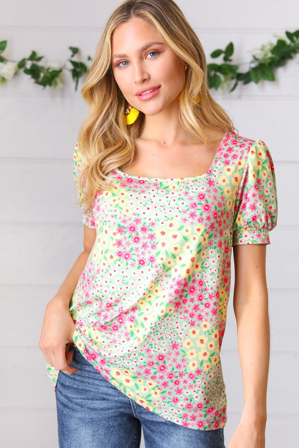 Sage Pink Yellow Floral Square Neck Bubble Sleeve Top