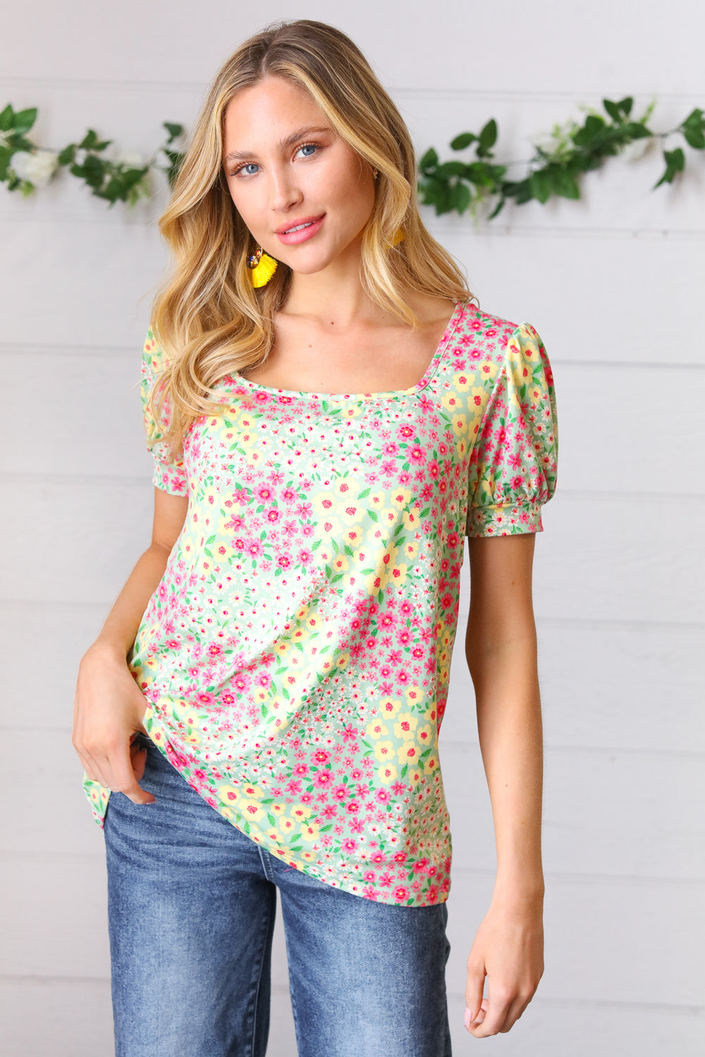 Sage Pink Yellow Floral Square Neck Bubble Sleeve Top