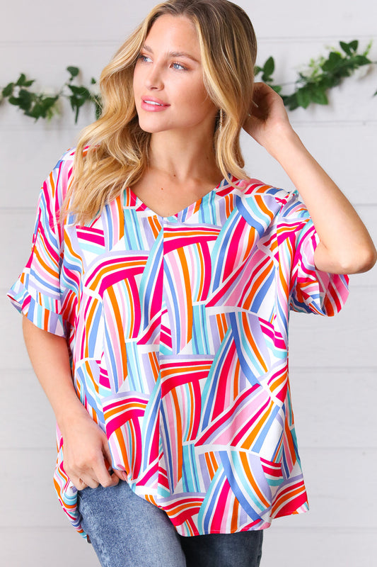 Blue Fuchsia Geometric Dolman Blouse Top