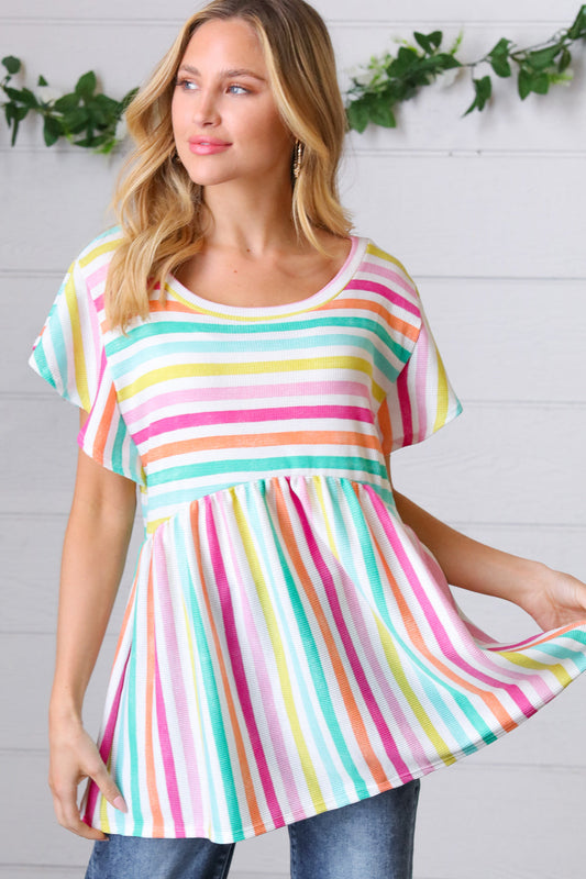 Rainbow Stripe Flutter Sleeve Babydoll Top