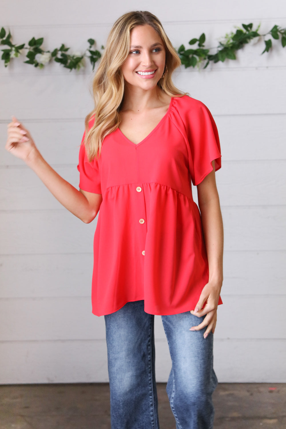 Red V Neck Button Babydoll Blouse Top