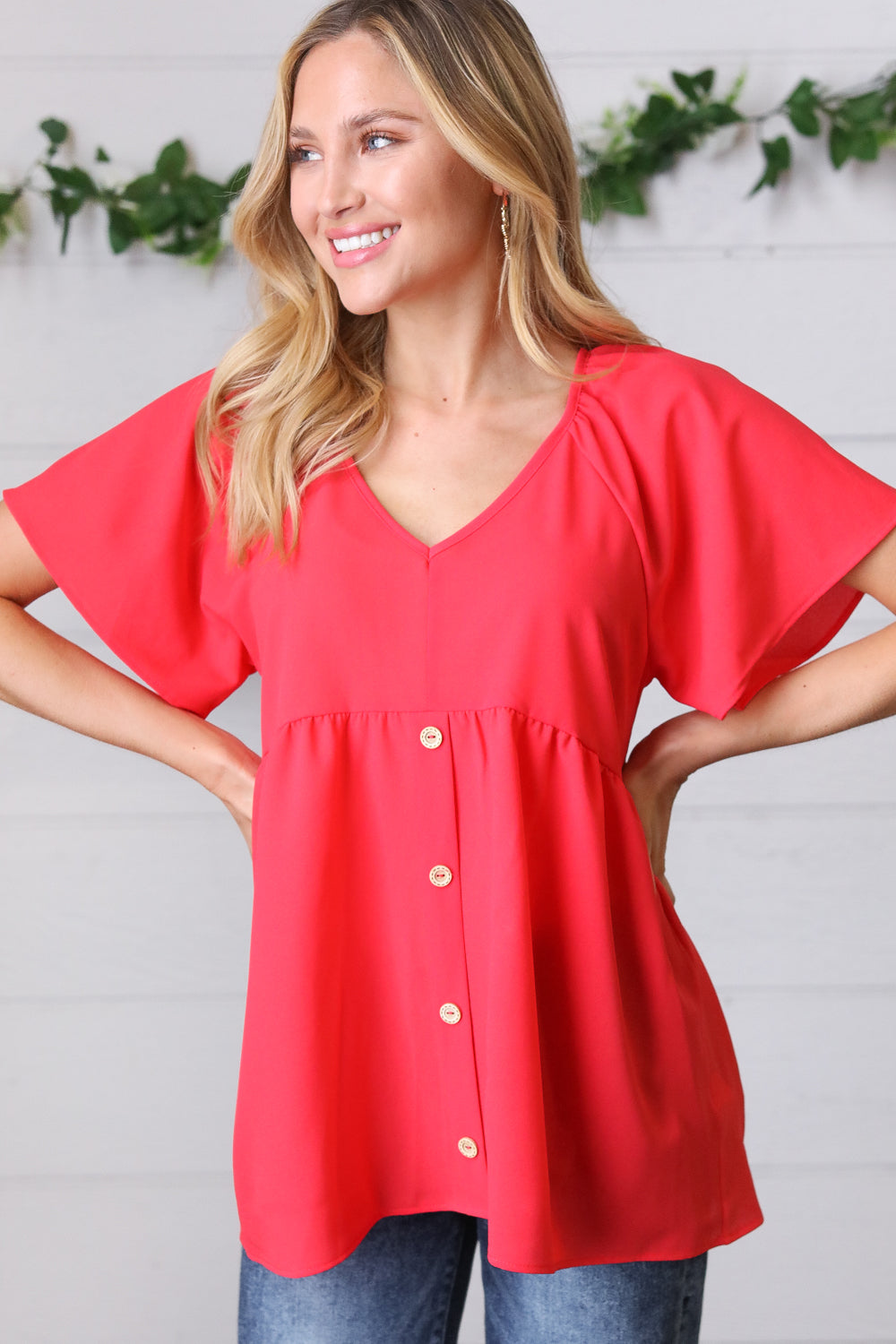 Red V Neck Button Babydoll Blouse Top