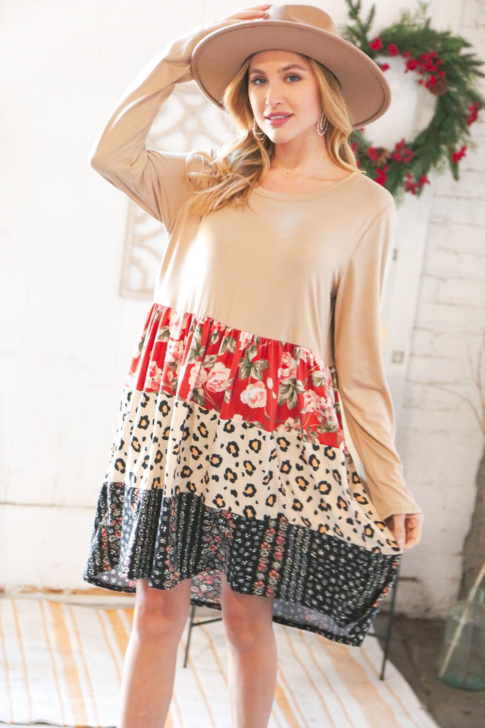 Taupe Floral Leopard Tiered Dress With Pockets - Lavender Latte Boutique